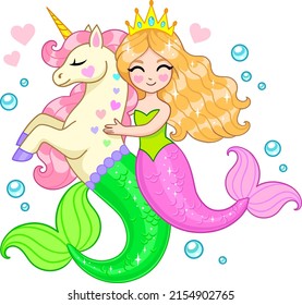 Little Mermaid Princess With Kelpie Horse. Vector Illustration Isolated On White