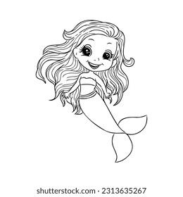 Little mermaid princess Vector outline for coloring book