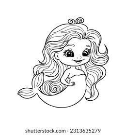 Little mermaid princess Vector outline for coloring book