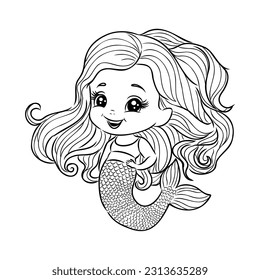 Little mermaid princess Vector outline for coloring book