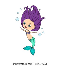 Little mermaid with purple hair, cute cartoon kids vector illustration, colorful line art, white background, nice sea girl dancing with bubbles for card, sticker, poster, game, clothing fabric print.