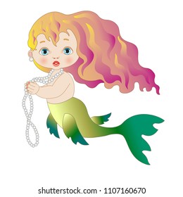 Little mermaid with red hair and pearl necklace on a white background