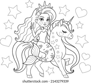 Little mermaid riding cute unicorn. Vector outline for coloring