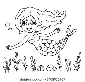 Little mermaid in sea coloring page for kids