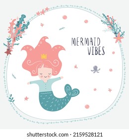 Little Mermaid with sea coral and shell. Vector poster