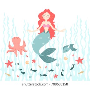 Little Mermaid and the sea inhabitants. Vector illustration.

