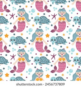 Little mermaid and sea turtle seamless vector pattern. Funny ocean creatures on the seabed among starfish, bubbles. Fairytale siren with a fish tail, shell swimsuit. Flat cartoon background for kids