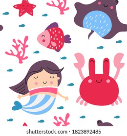 Little mermaid seamless pattern with cute mermaids, numb-fish, crab, starfish, fish. Vector Illustration. For wallpaper, baby clothes, greeting card, packaging. Pattern is cut, no clipping mask.
