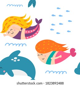 Little mermaid seamless pattern with cute mermaids and dolphins. Sea background. Vector Illustration. For wallpaper, baby clothes, greeting card, packaging. Pattern is cut, no clipping mask.