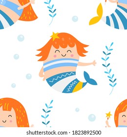 Little mermaid seamless pattern with cute mermaids. Sea background. Vector Illustration. For wallpaper, baby clothes, greeting card, packaging. Pattern is cut, no clipping mask.
