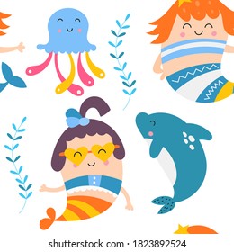 Little mermaid seamless pattern with cute mermaids, dolphin, jellyfish. Sea background. Vector Illustration. For wallpaper, baby clothes, greeting card, packaging. Pattern is cut, no clipping mask.