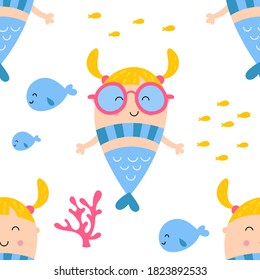 Little mermaid seamless pattern with cute mermaids and fishes. Sea background. Vector Illustration. For wallpaper, baby clothes, greeting card, packaging. Pattern is cut, no clipping mask.