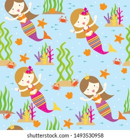 little mermaid seamless pattern design on blue background