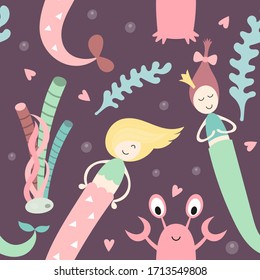 Little mermaid seamless pattern with different cute mermaids, crab and underwater plants. Sea magic background. Vector Illustration. Great for wallpaper, baby clothes, greeting card, wrapping paper.