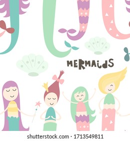 Little mermaid seamless pattern with different cute mermaids. Sea magic background. Vector Illustration. Great for wallpaper, baby clothes, greeting card, wrapping paper.