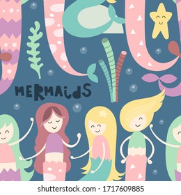 Little mermaid seamless pattern with different cute mermaids, starfish and underwater plants. Sea magic background. Vector Illustration. Great for wallpaper, baby clothes, greeting card, wrapping 