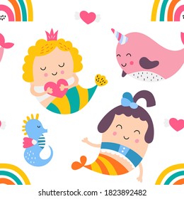 Little mermaid seamless pattern with princess mermaids, narwhal, seahorse, rainbow. Vector Illustration. For wallpaper, baby clothes, greeting card, packaging. Pattern is cut, no clipping mask.