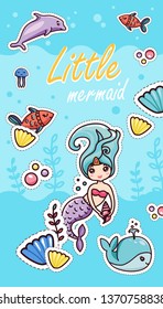 Little Mermaid Shells Seaweeds Fish Whale Dolphin Bubbles Flat Kawaii Sticker Cartoon Template Childish Design for Clothes Invitational Cards Funny Print Patches Vector Underwater Illustration