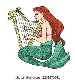  little mermaid sit on stone and playing the harp isolated on white background