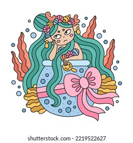 Little mermaid sitting in the aquarium. Beautiful girl with green hair and shell wreath. Present with pink bow. Cute cartoon vector illustration for kids. Isolated on white