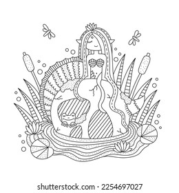 Little mermaid sitting on giant skull. Cute underwater fish girl creature. Swamp nature. Frog, reeds, water lily, dragonfly. Fantasy coloring page for kids. Cartoon vector illustration. Isolated
