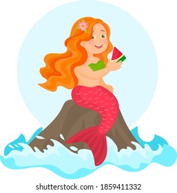 Little mermaid sitting on a rock in the waves of the sea eating watermelon