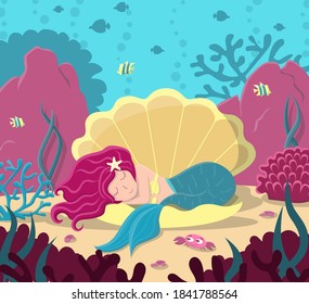 The little mermaid sleeps in a shell. The landscape of the seabed.