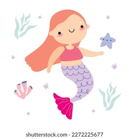 The Little Mermaid, starfish and seaweed in cartoon children's style. set of vector images of marine-themed