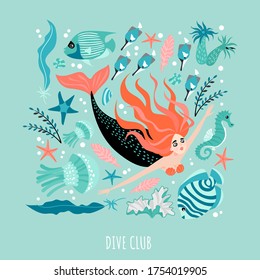 Little mermaid surrounded by algae, fish and other inhabitants of the coral reef. Diving school banner template. Cartoon illustration in a flat style.