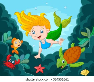Little Mermaid Swimming Underwater with sea animals 
