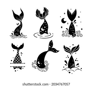 Little mermaid tail isolated clipart bundle, baby mermaid silhouette decor, sea underwater life black and white vector graphic, magic fish tail and monogram frame items