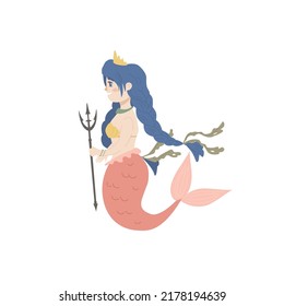 Little mermaid with a trident. Underwater vector illustration. Childish vector illustration for apparel design, poster, wall art.