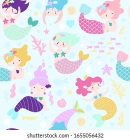 Сute little mermaid under the sea with fishes, corals and shell. Childish print perfect for poster, card, fabric, textile. Cartoon style seamless pattern vector illustration