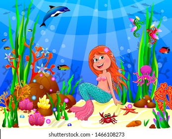 The little mermaid underwater among sea creatures and underwater plants.