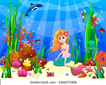 The little mermaid underwater among sea creatures and underwater plants. Cute mermaid sitting on the bottom of the sea.