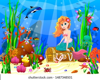 The little mermaid underwater among sea creatures and underwater plants. Mermaid is sitting on a treasure chest.