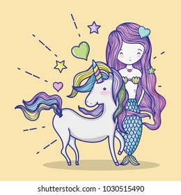 Little mermaid with unicorn art cartoon