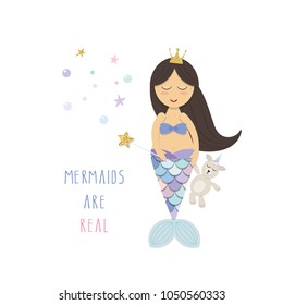 Little mermaid with unicorn toy. Cute cartoon characters. Vector