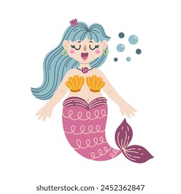 Kleine Meerjungfrau-Vektorillustration. Nettes Schwimmmädchen mit einem Fischschwanz, einem Badeanzug aus Muscheln. Eine lustige Ozeanfee singt ein Lied. Handgezeichnetes Doodle, Sirene mit Blasen. Cartoon-Clipart