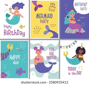 Little mermaids cards. Kids invitations, birthday party postcards, marine fairytale princesses with fish tails, girly holiday, vector set