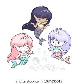 Little mermaids cartoon characters vector illustration
