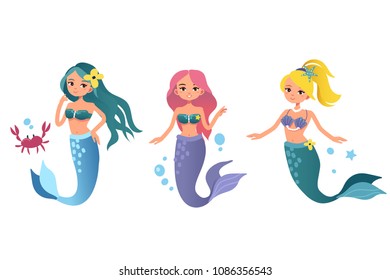 Little mermaids characters set. Flat cartoon style vector illustration isolated on white background.