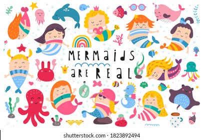 Little mermaids collection isolated on white background. Hand drawn. Doodle cartoon underwater elements, fishes and animals for nursery posters, cards, kids t-shirts. Vector illustration.