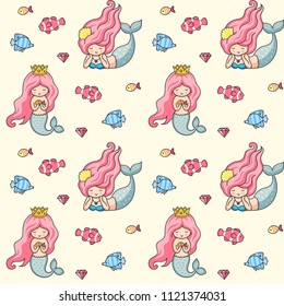 Little mermaids with pink hair. Seamless pattern. Print for textile, fabric, posters, decor, greeting cards, paper, clothes, wallpaper. Vector design for kids, children, babies.