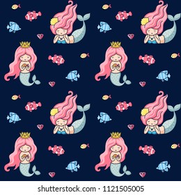 Little mermaids with pink hair. Seamless pattern on a dark background. Under the sea. Print for textile, fabric,  decor, greeting cards, paper, clothes, wallpaper. Design for kids, children, babies.