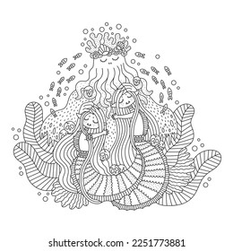 Little mermaids with sea god. King of ocean with crown made from shell and coral. Underwater nature. Cute fish girls and octopus man. Detailed coloring page. Cartoon vector illustration. Isolated