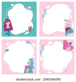 Little mermaids. Set of vector frames in the form of a spot in a flat cartoon style. Template for children's photos, postcards, invitations.