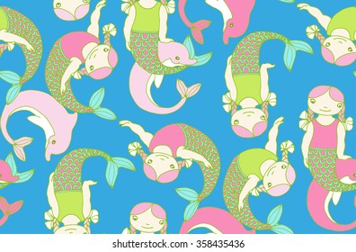 Little mermaids swimming and playing with dolphins  under the sea, seamless wallpaper, vector design for children