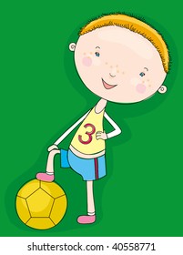 a little merry boy put a leg on a soccer ball