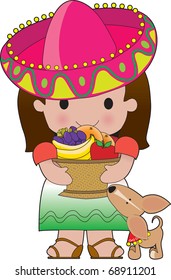 A little Mexican girl holds a basket of fruit. Her little dog is at her feet